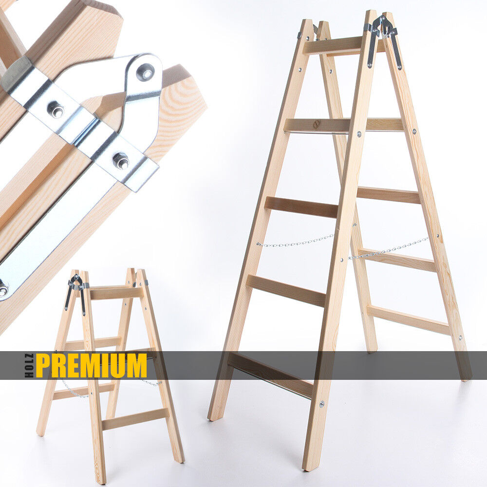 Holzleiter PREMIUM - Stabile 3 bis 6 Stufen Klappleiter für Haushalt und Garten