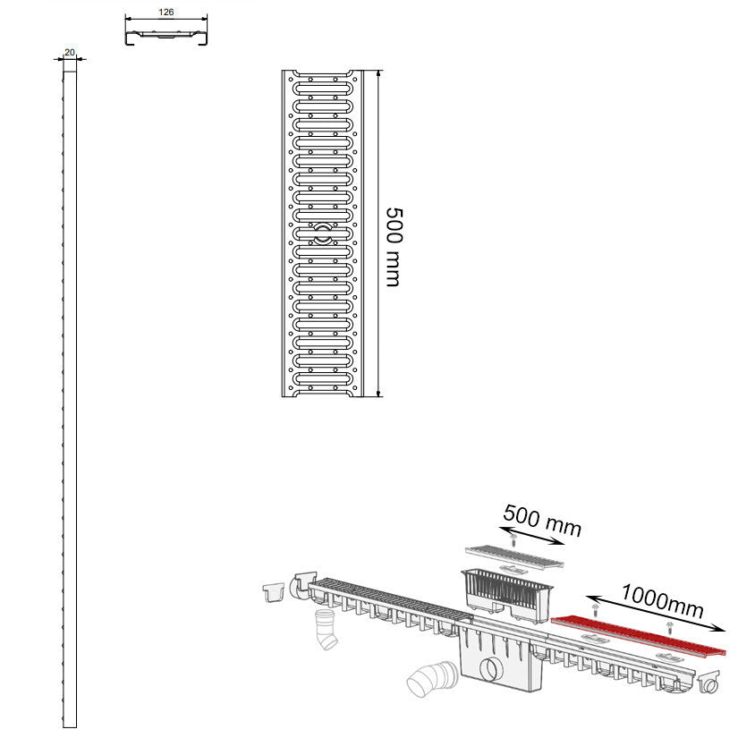 Drainagerost 500 mm Guss schwarz B‑125